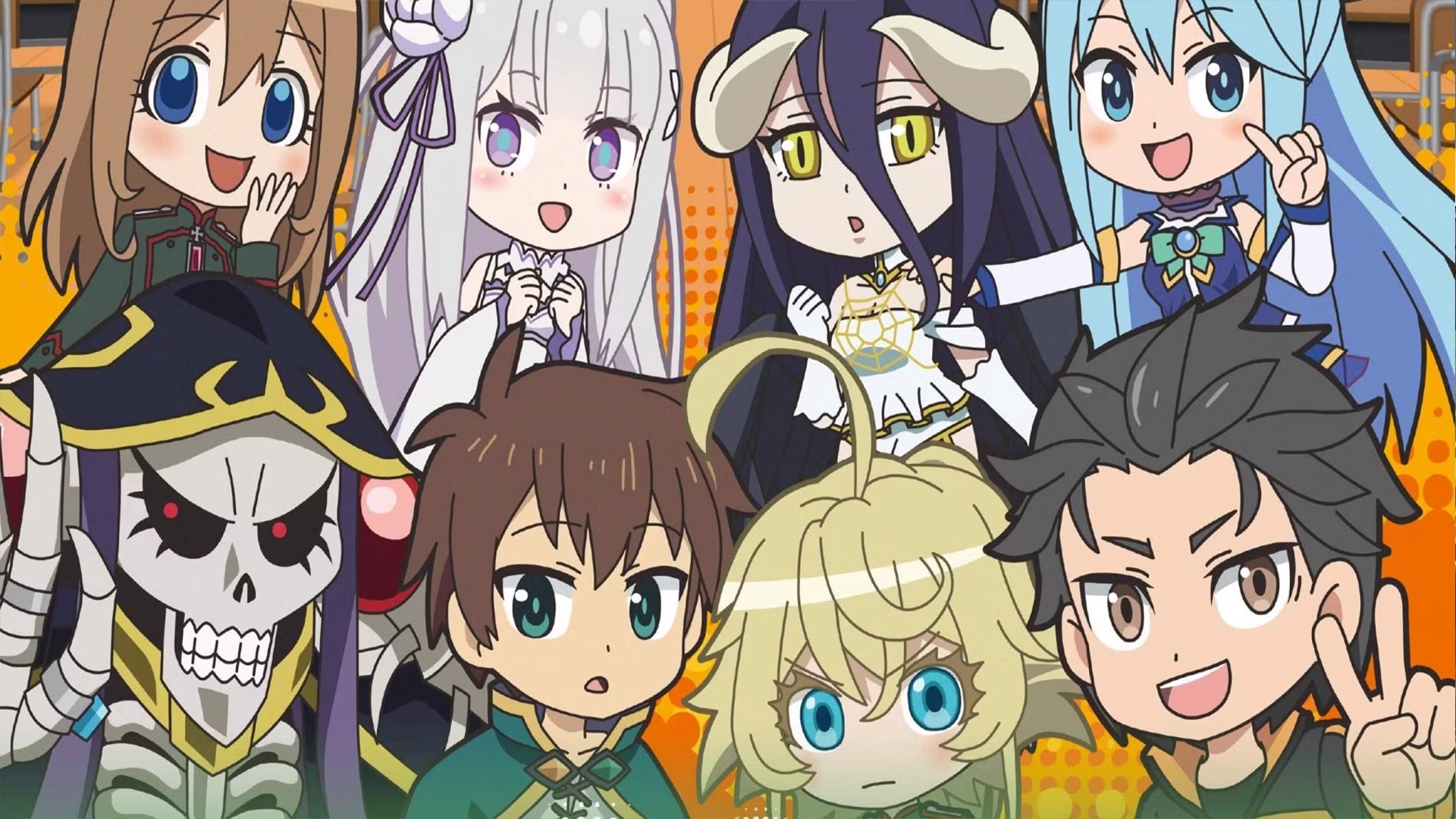 A collage of popular Isekai anime protagonists looking out at their fantasy worlds.