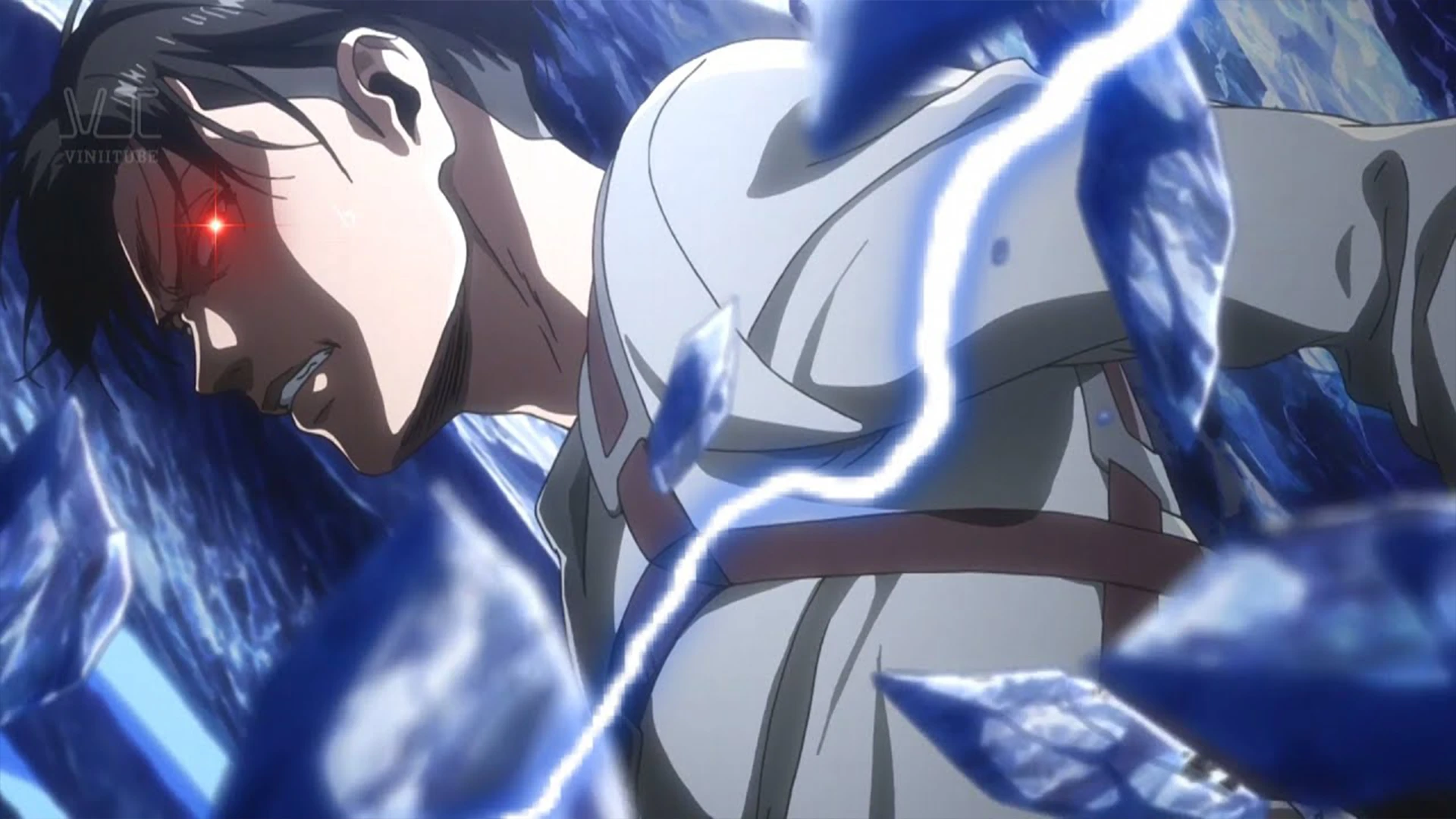 A dynamic shot from the Attack on Titan opening.