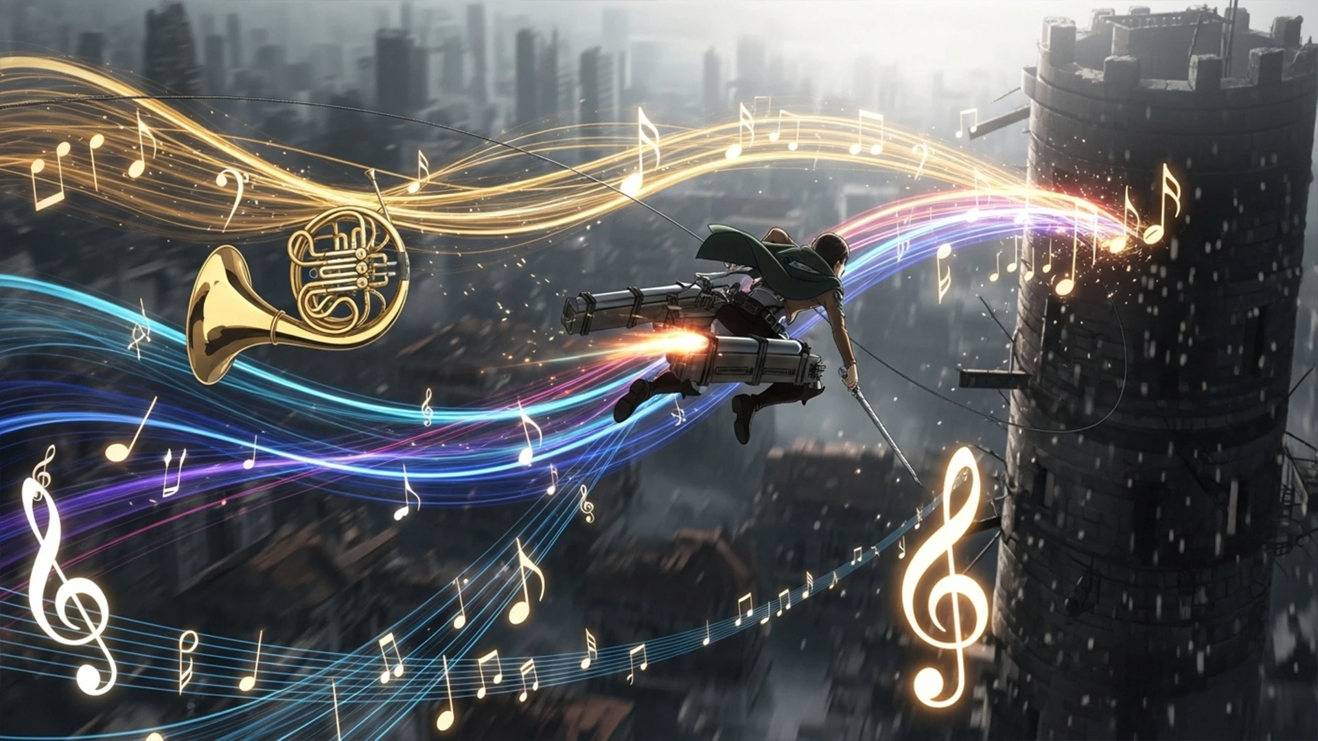 A dynamic action shot from Attack on Titan, music pulsing.