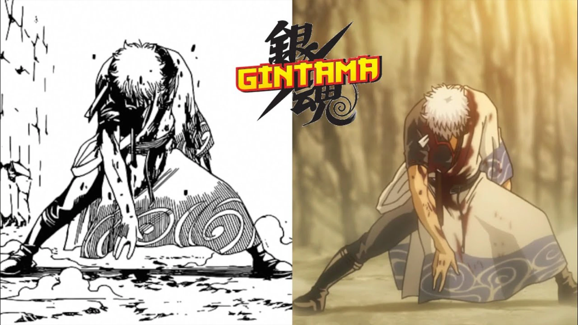 A side-by-side comparison of Gintoki Sakata from the manga (black hair) and the anime (silver hair).